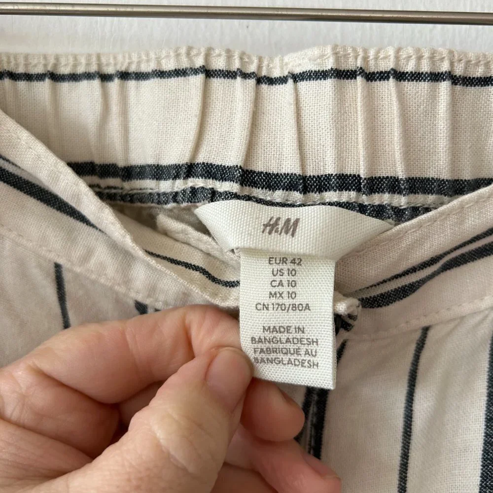 H&M Linen Blend Trousers Womens Size 10‎ Blue Striped Minimalist Wide Leg Pants